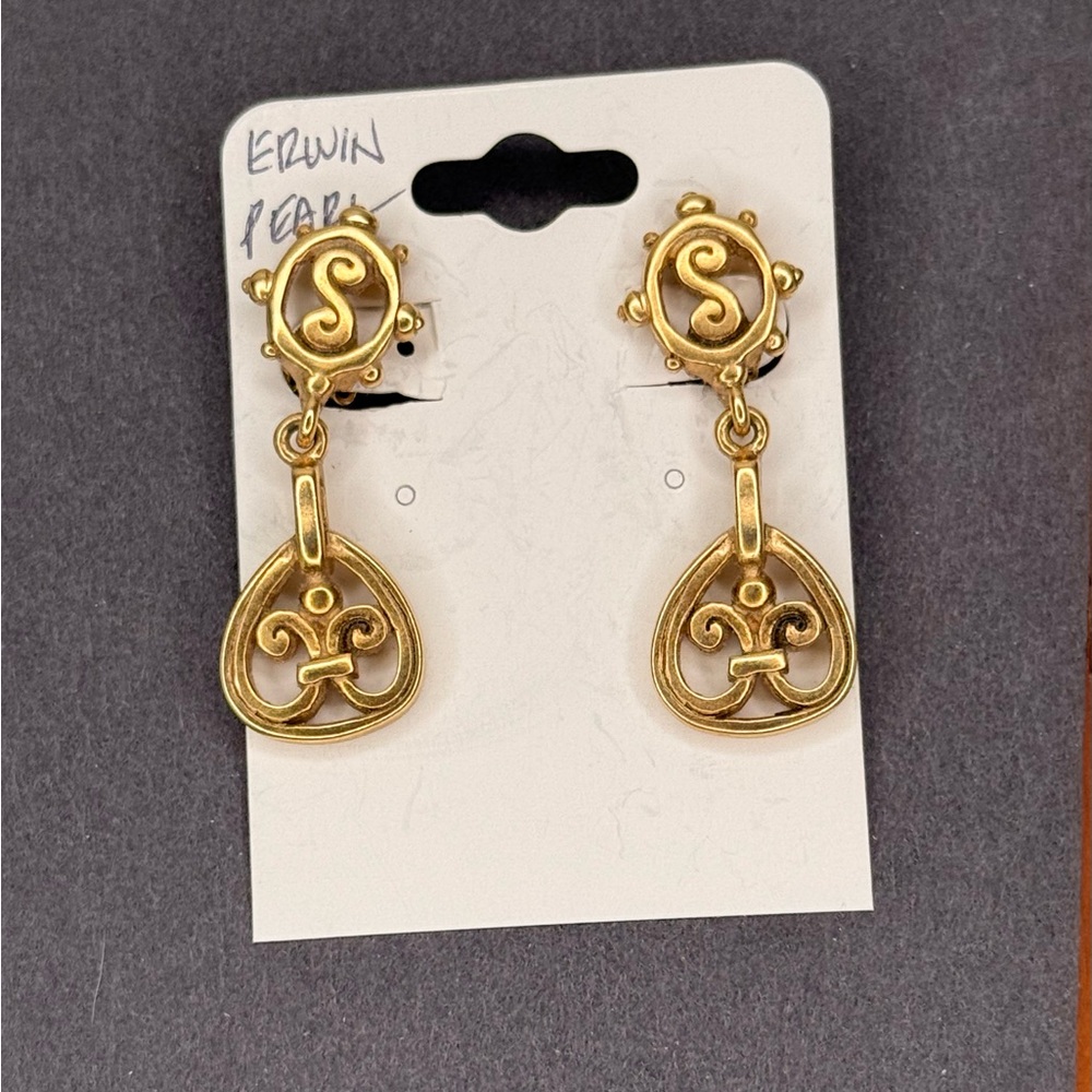 Vintage Erwin Pearl Gold Tone Clip-On Dangle Earrings Fleur-de-Lis Baroque 80s - Picture 3 of 7